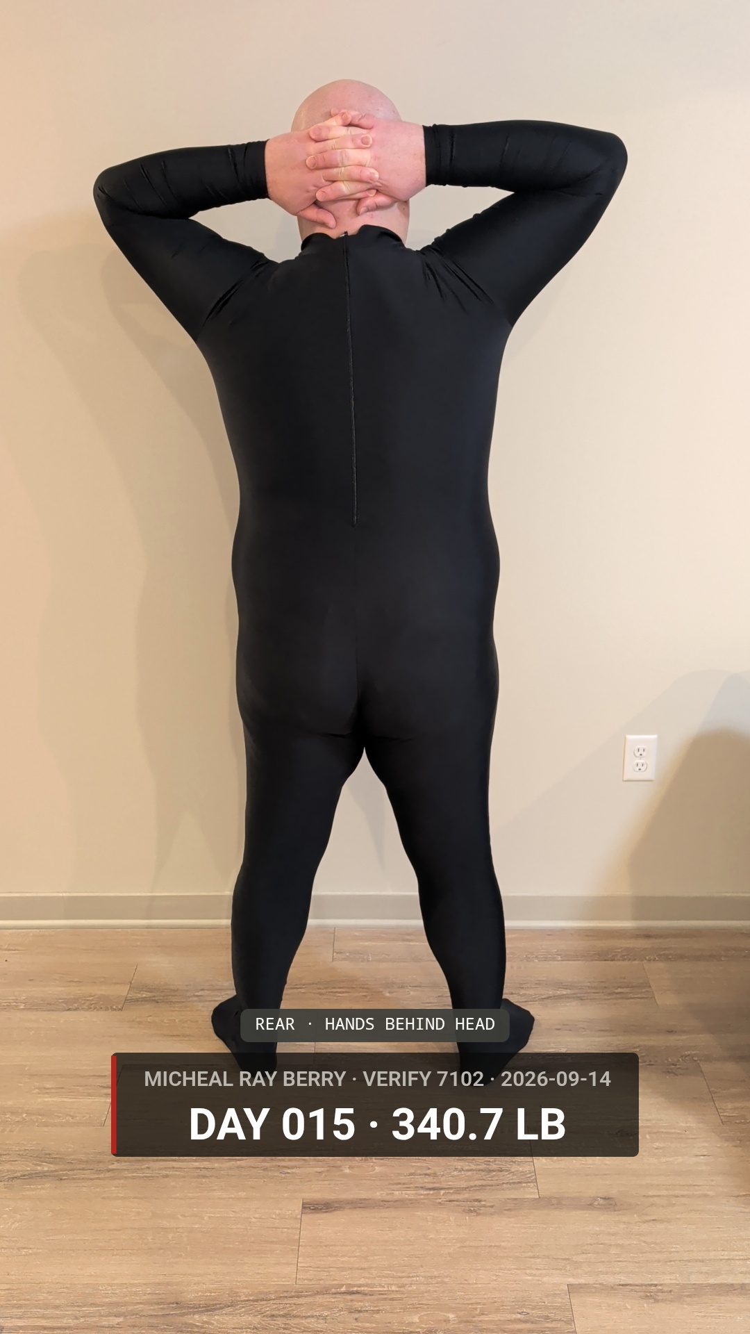 Micheal Ray Berry, Day 15 daily inspection, rear view, September 14, 2026, 340.7 lb, project uniform