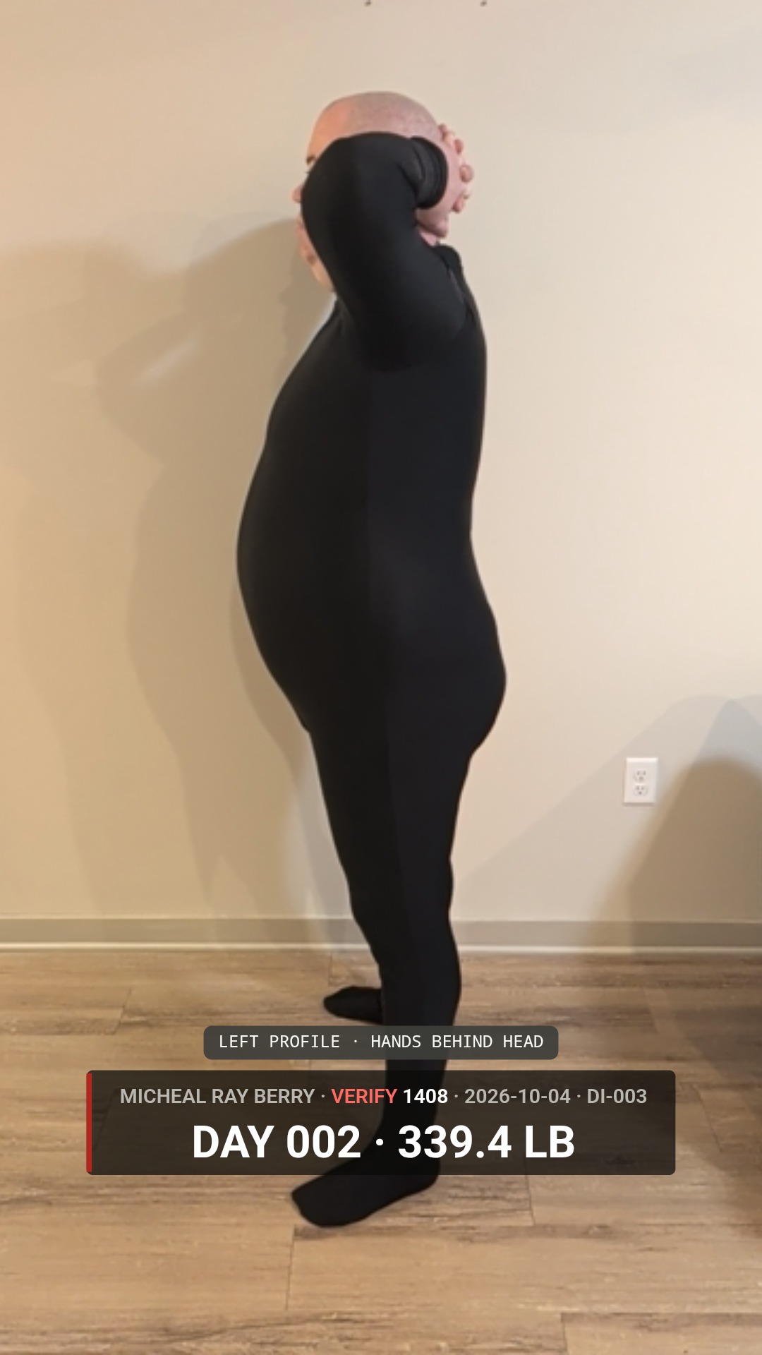 Micheal Ray Berry left-side view accountability photograph on October 4, 2026, Day 2, at 339.4 pounds