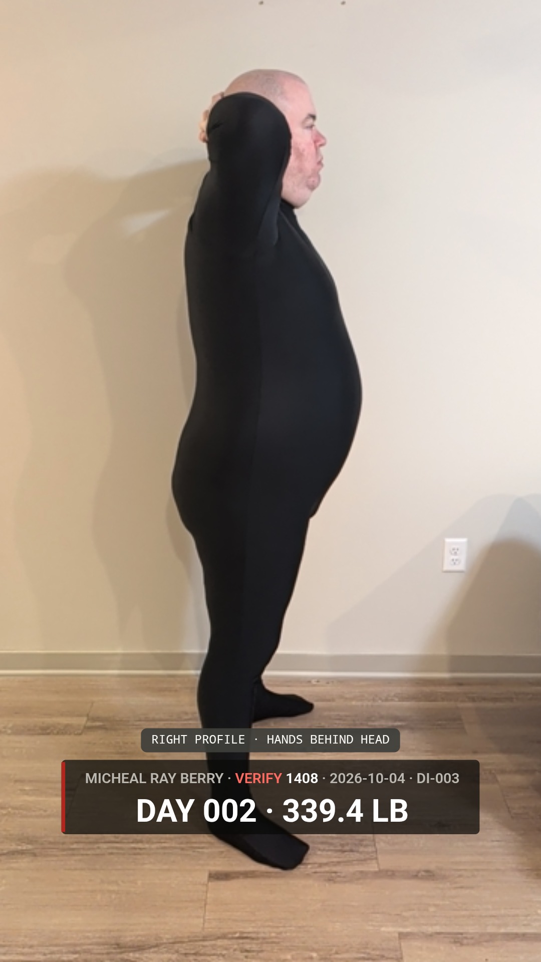 Micheal Ray Berry right-side view accountability photograph on October 4, 2026, Day 2, at 339.4 pounds