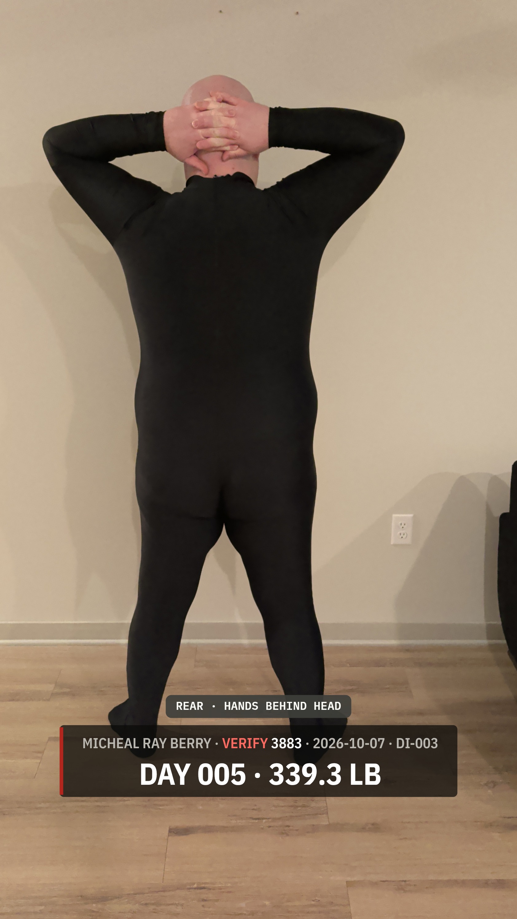 Micheal Ray Berry rear view accountability photograph on October 7, 2026, Day 5, at 339.3 pounds