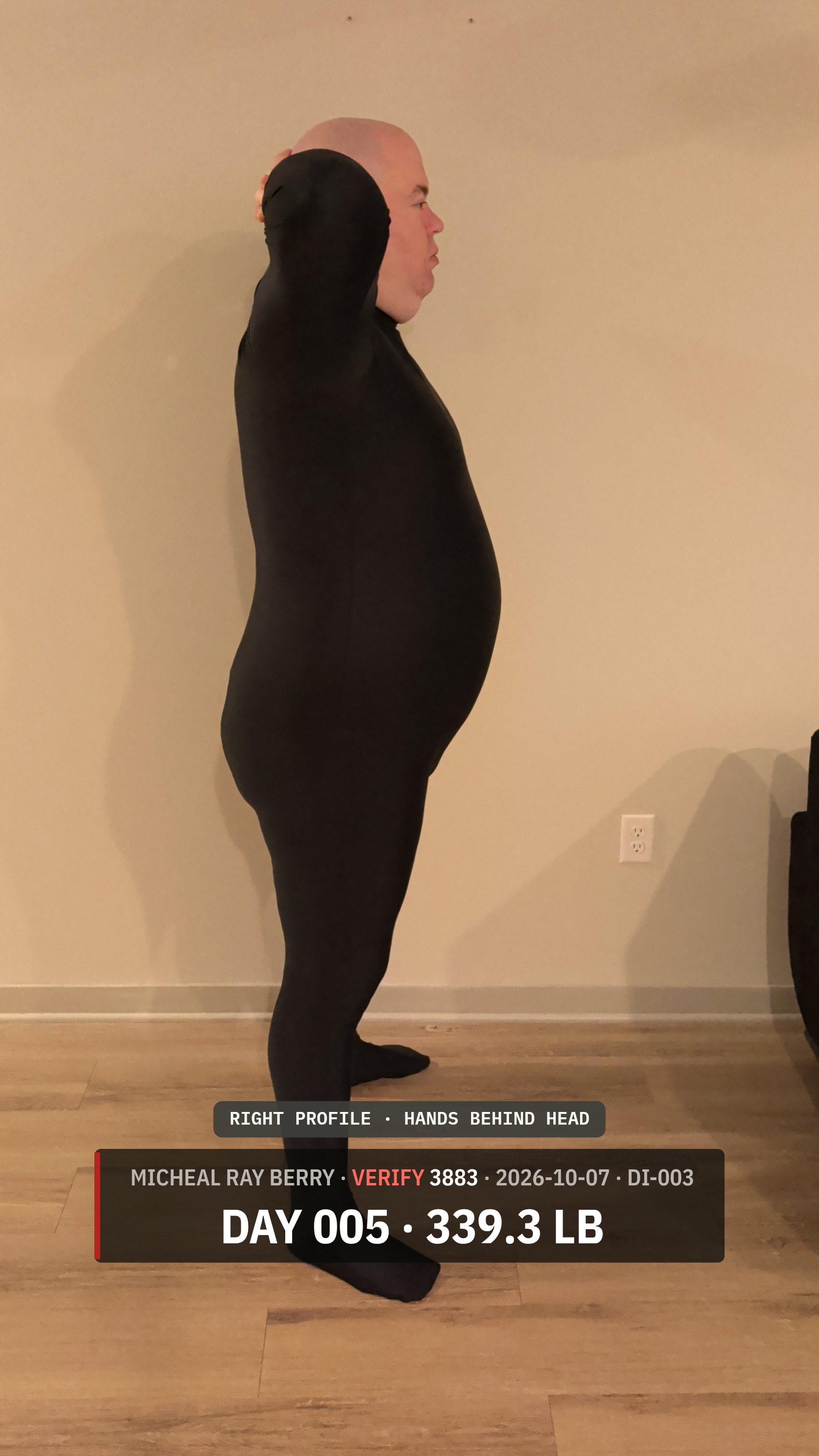 Micheal Ray Berry right-side view accountability photograph on October 7, 2026, Day 5, at 339.3 pounds