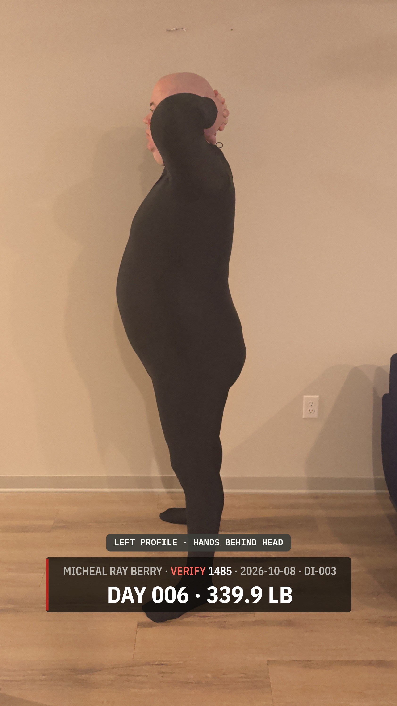Micheal Ray Berry left-side view accountability photograph on October 8, 2026, Day 6, at 339.9 pounds