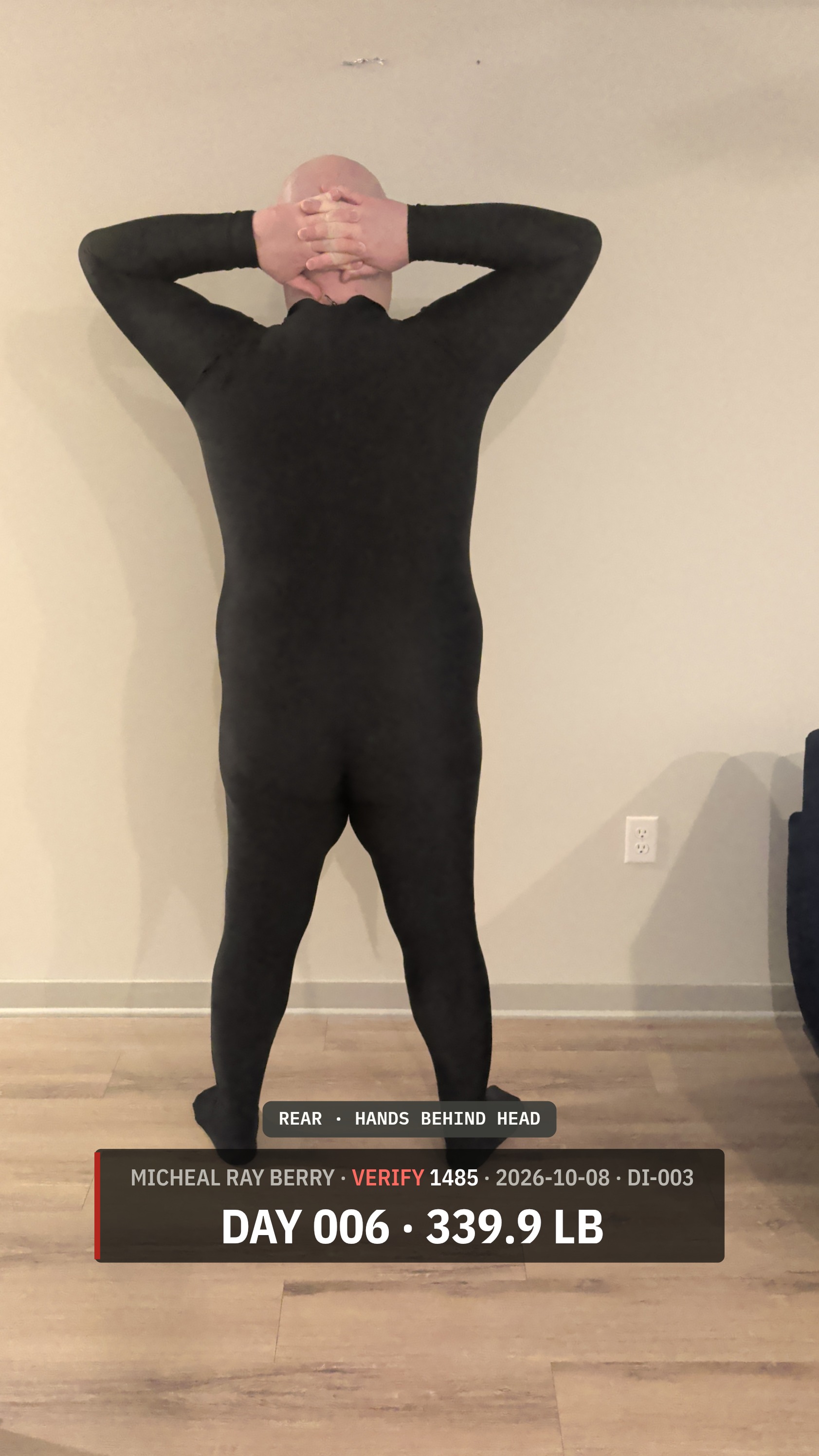 Micheal Ray Berry rear view accountability photograph on October 8, 2026, Day 6, at 339.9 pounds