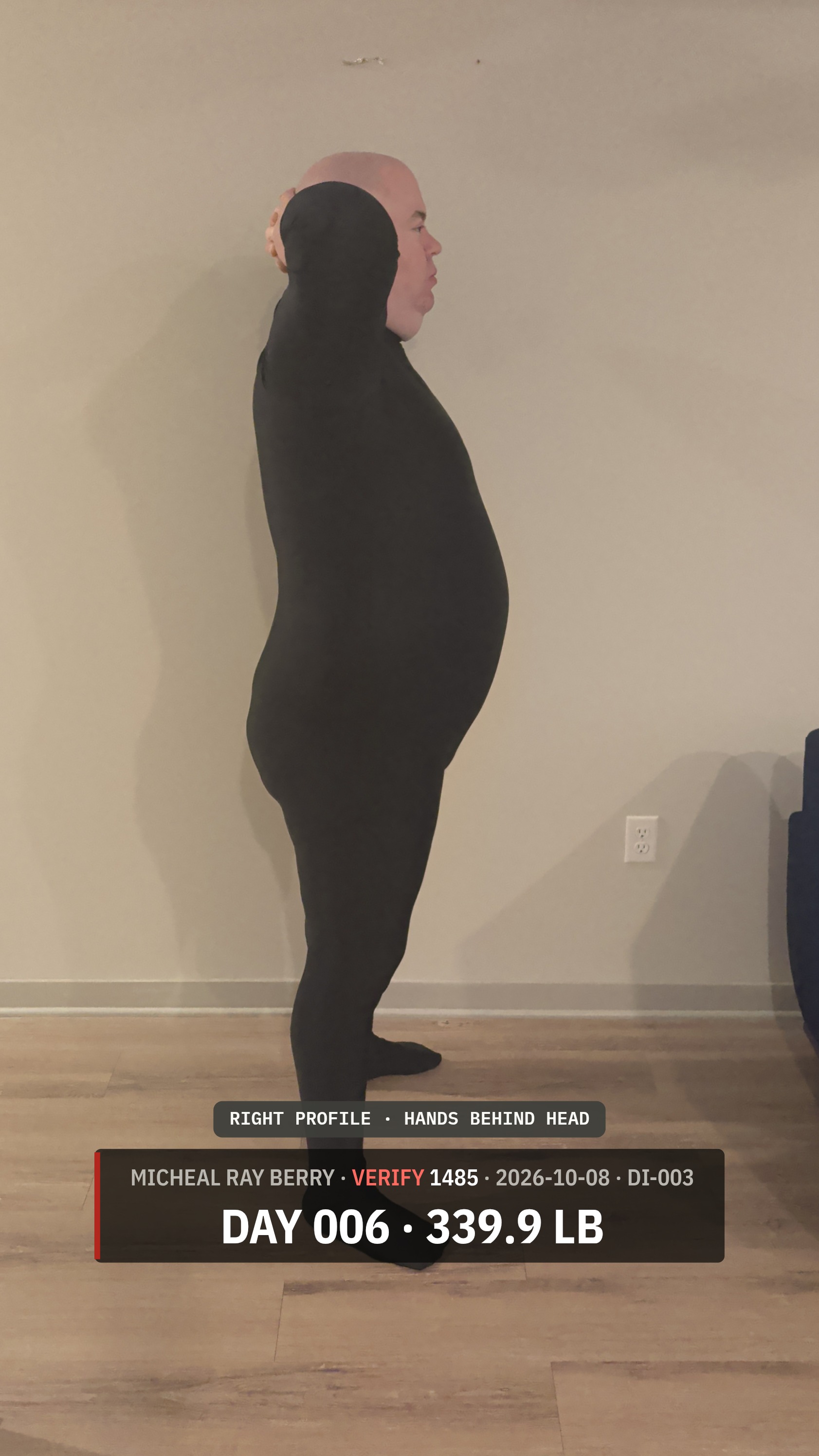 Micheal Ray Berry right-side view accountability photograph on October 8, 2026, Day 6, at 339.9 pounds